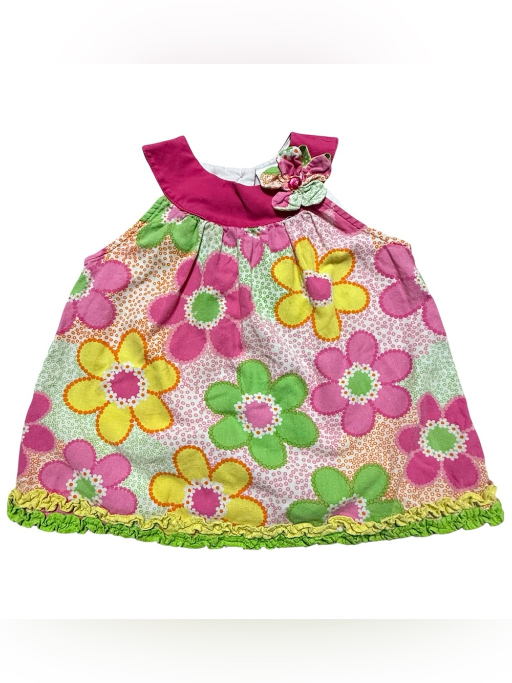 Rare Editions Girls Dress 3T Pink Green Yellow Floral Ruffle Cotton